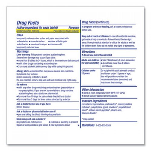 PhysiciansCare Pain Relievers/Medicines, XStrength Non-Aspirin Acetaminophen,2/Packet,125 Pk/Bx (40800)